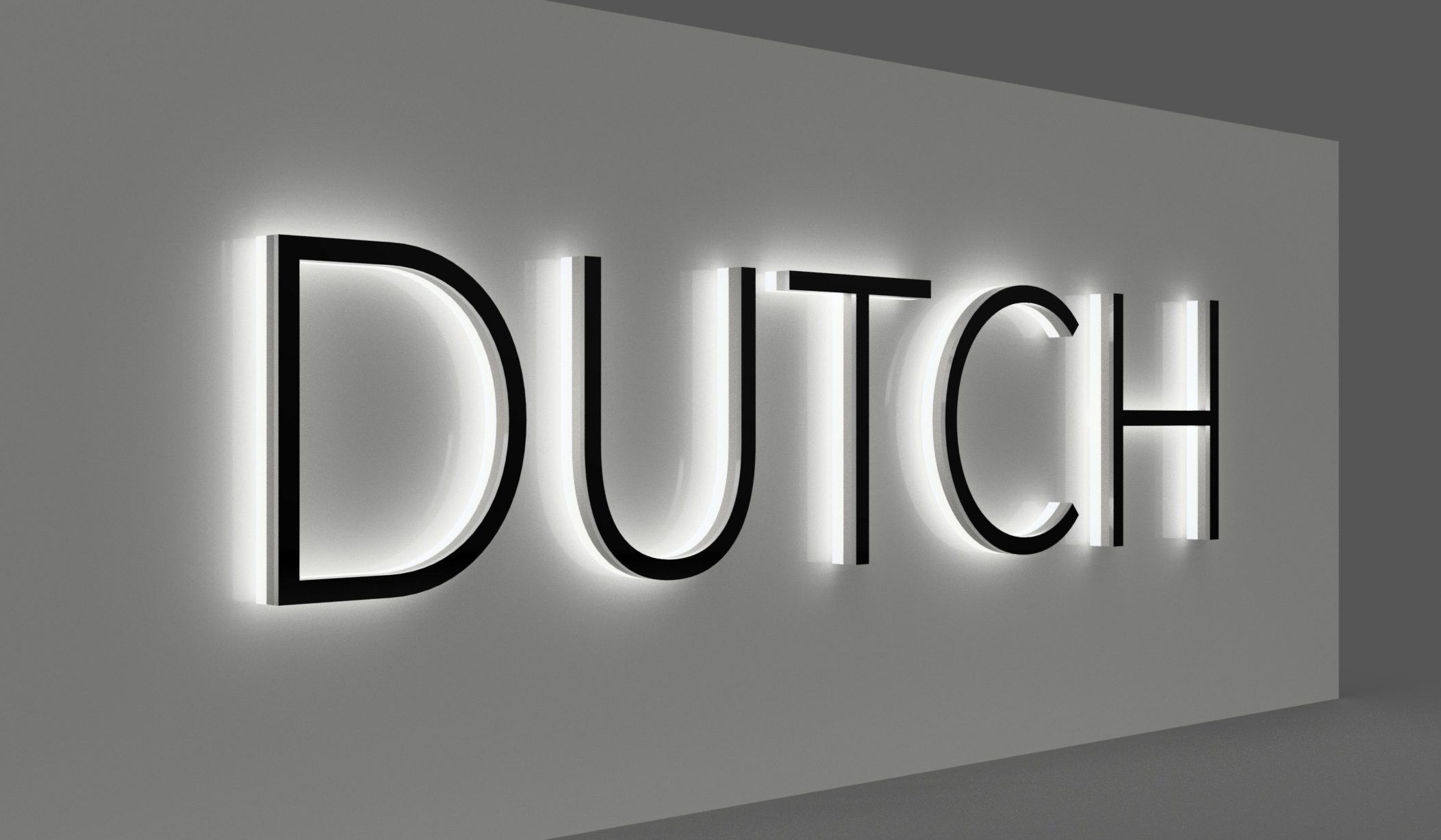 Rendering of DUTCH in black-faced letters with white halo on a gray wall